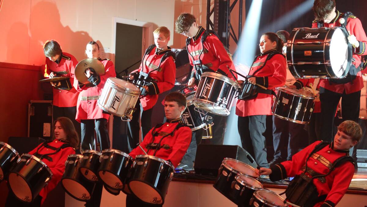Irrawang High School's senior drum corps were first off the bat with a thrilling performance. Picture by Laura Rumbel
