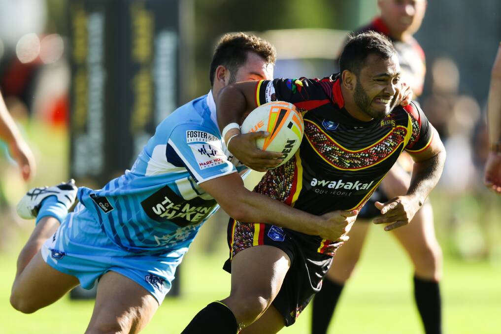 Ngangarra Barker playing with the Newcastle Indigenous All Stars.