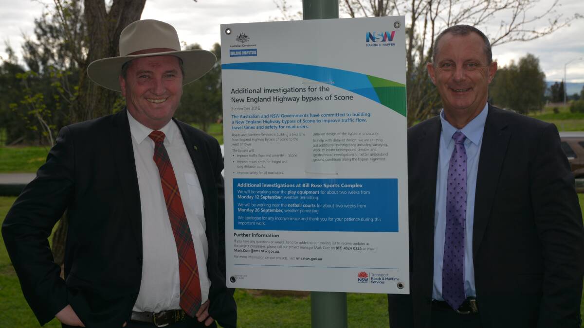 PROGRESSING: Acting Prime Minister and Member for New England Barnaby Joyce with Upper Hunter MP Michael Johnsen at Bill Rose Sports Complex, Scone, on Thursday afternoon.