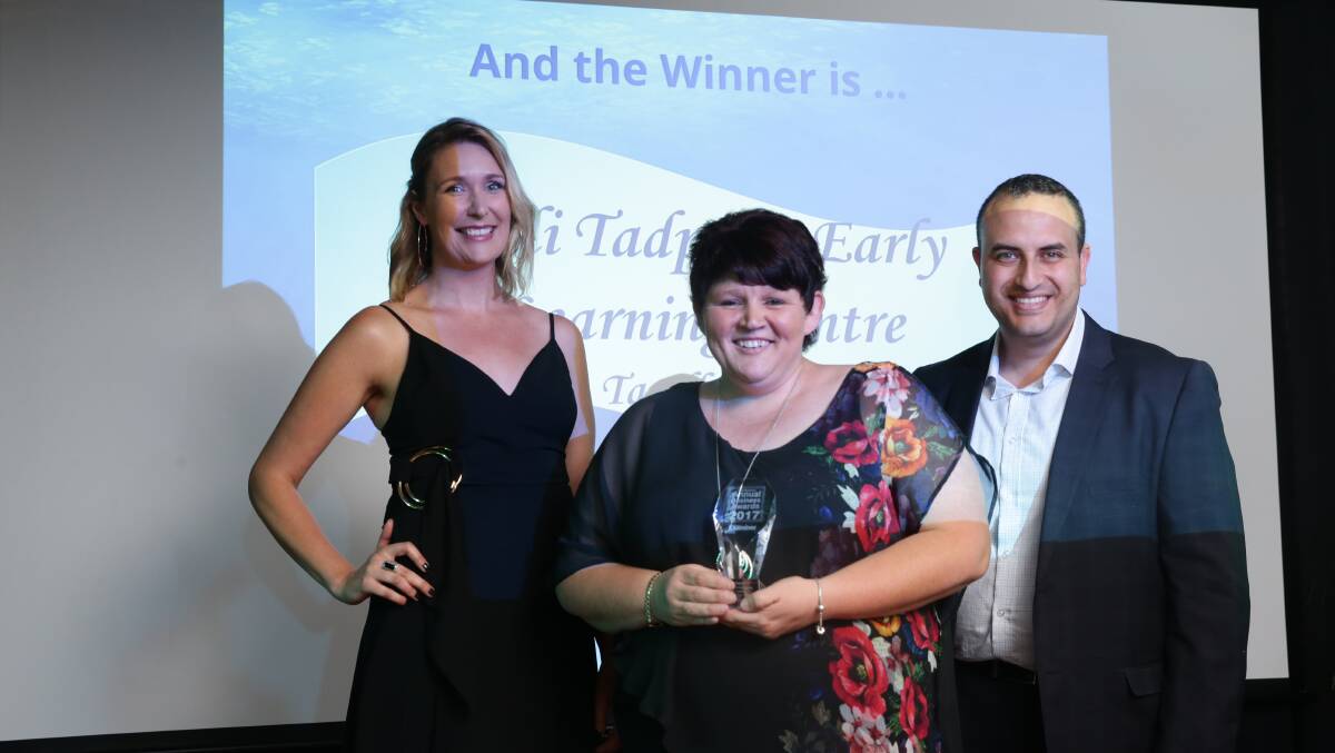 Children's Services: Tilli Tadpoles Early Learning Centre - Tanilba Bay; from left, award presenter Anna Wolf, Leisa Murrill and Martin Said.

