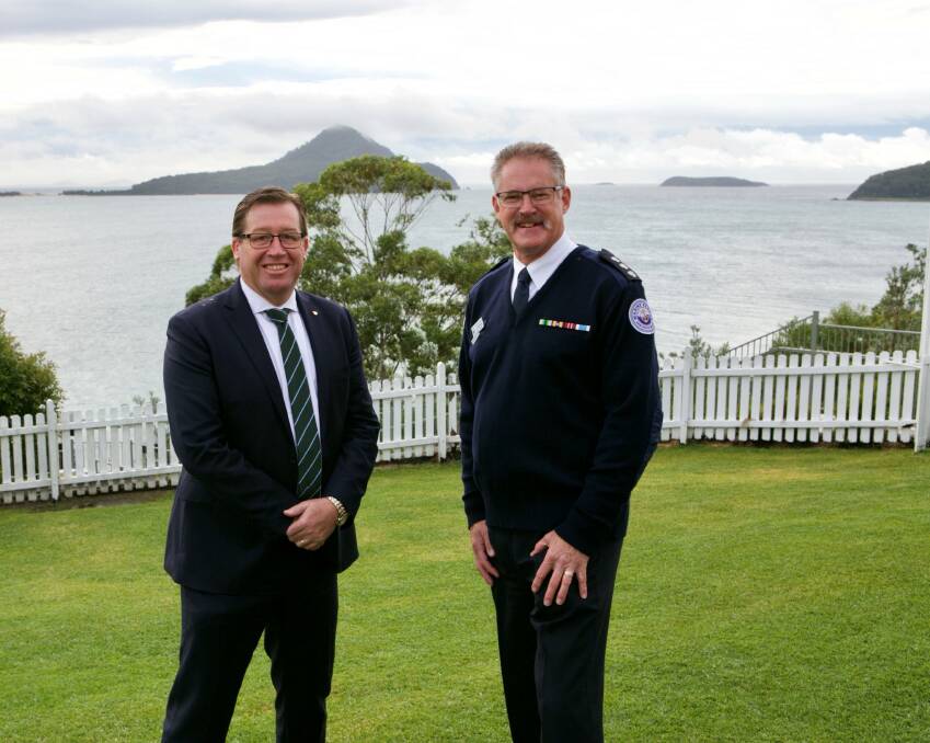 FIRSTHAND VIEW: Environment Minister Troy Grant with Marine Rescue Port Stephens Unit Commander Lee Uebergang during the Minister's recent visit.