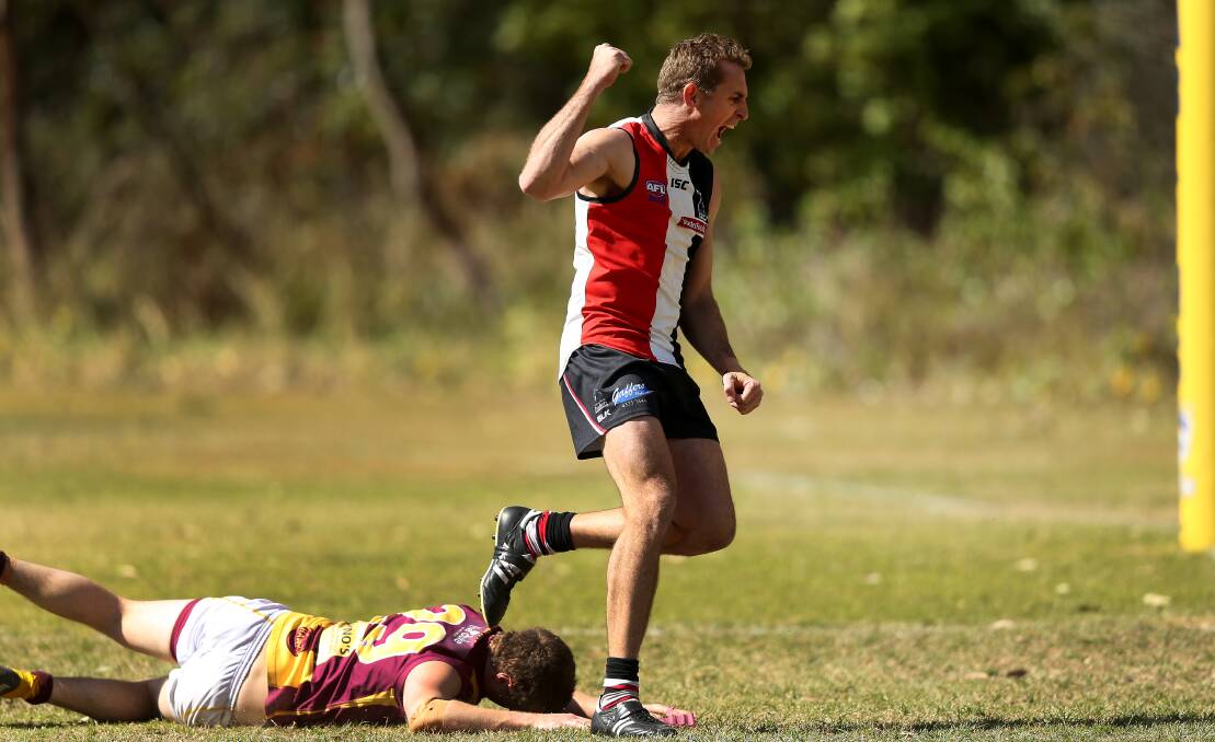 GRAND FINAL BOUND: Terrigal Avoca forward Brendan Sarich celebrates a goal in the Panthers win over Cardiff in the qualifying final at Dick Burwell Oval. 