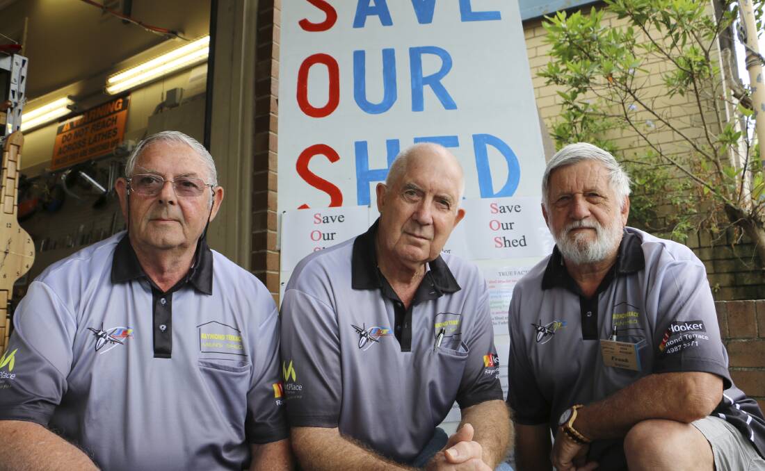 DELIGHTED:  Bob Foxford, Rober Bull and Frank Seysener at the old Raymond Terrace men's shed.