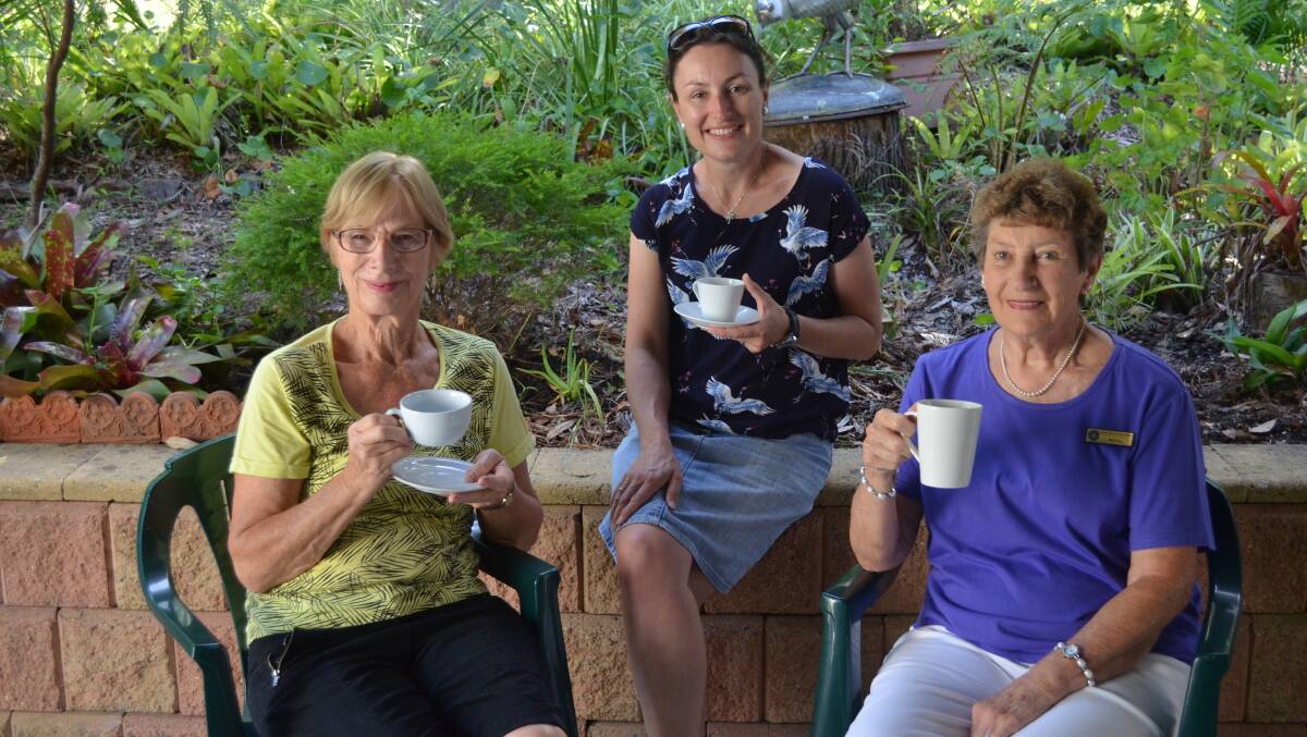 FUN TIMES: Port Stephens Community Arts cafe manager Heather Wilson with CWA Nelson Bay Evening Branch members Janet Mackintosh and Rae Cox. Picture: Sam Norris