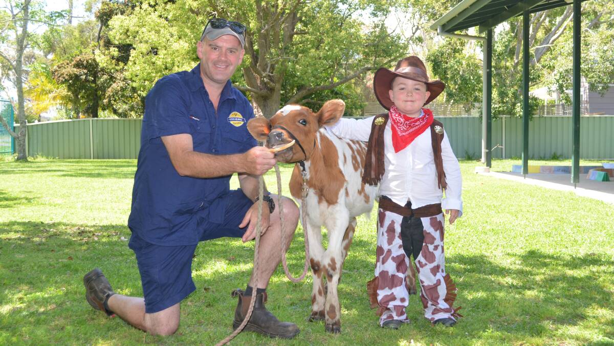 LEGENDAIRY: Kookaburra Farm Stay owner Callum Mercer brought one of his calves to school for kindergarten student, Johno, 6, and others to meet. Picture: Sam Norris