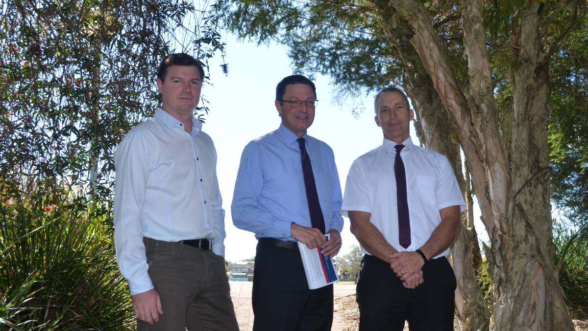 SURVIVAL PLAN: Port Stephens Council environmental strategist Duncan Jinks, the Parliamentary Secretary for the Hunter Scot MacDonald and the council's general manager Wayne Wallis. Picture: Sam Norris
