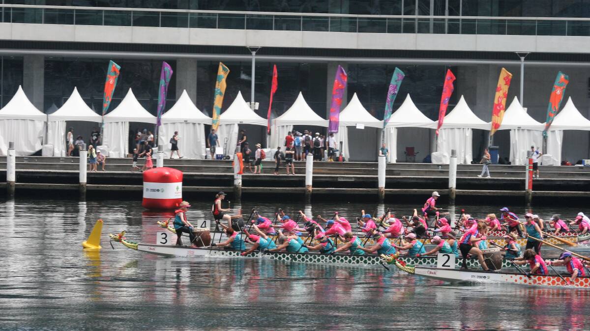 PHOTO FINISH: The Newcastle Hunter Dragons Abreast Team wins by less than two-tenths on Darling Harbour. Picture: KazM Photography