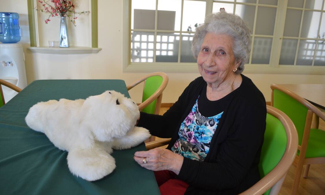 HAPPIER: One of the Fingal Haven dementia care residents enjoys some time with 'Paro', a robotic seal made in Japan and on trial in Australia. Picture: Sam Norris