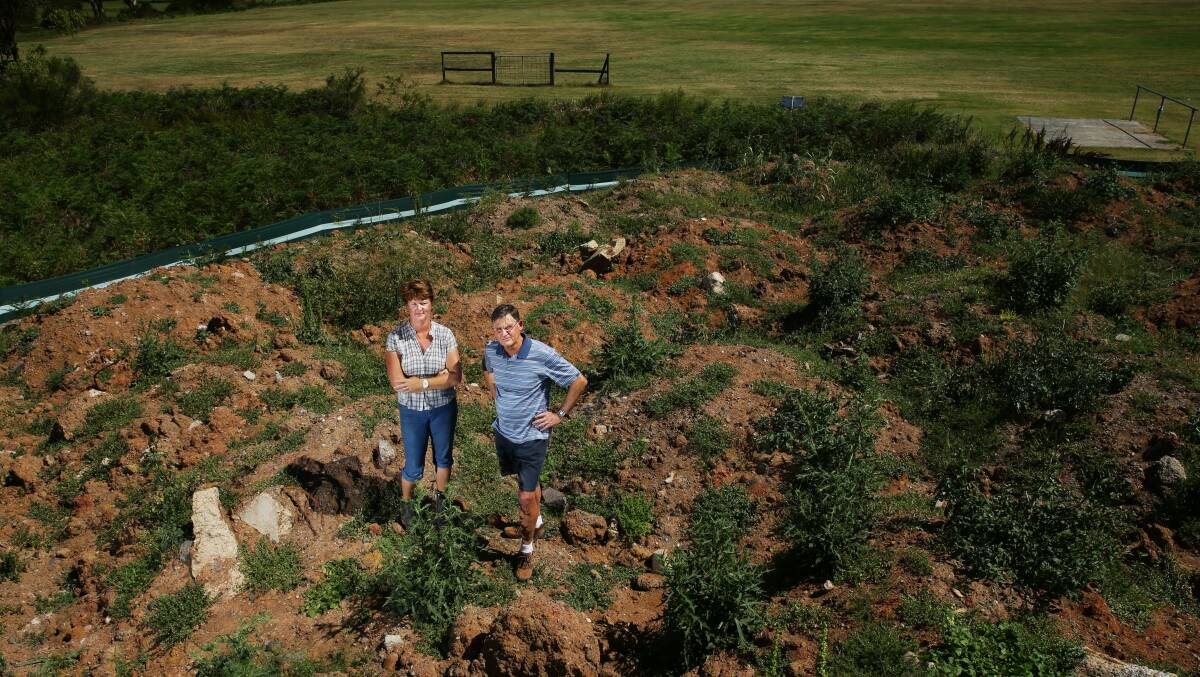 DISGUSTED: Salt Ash Pony Club president Lisa Gregory and Port Stephens councillor Geoff Dingle at the site of what was to be a BMX track, December 2015. Picture: MAX MASON-HUBERS