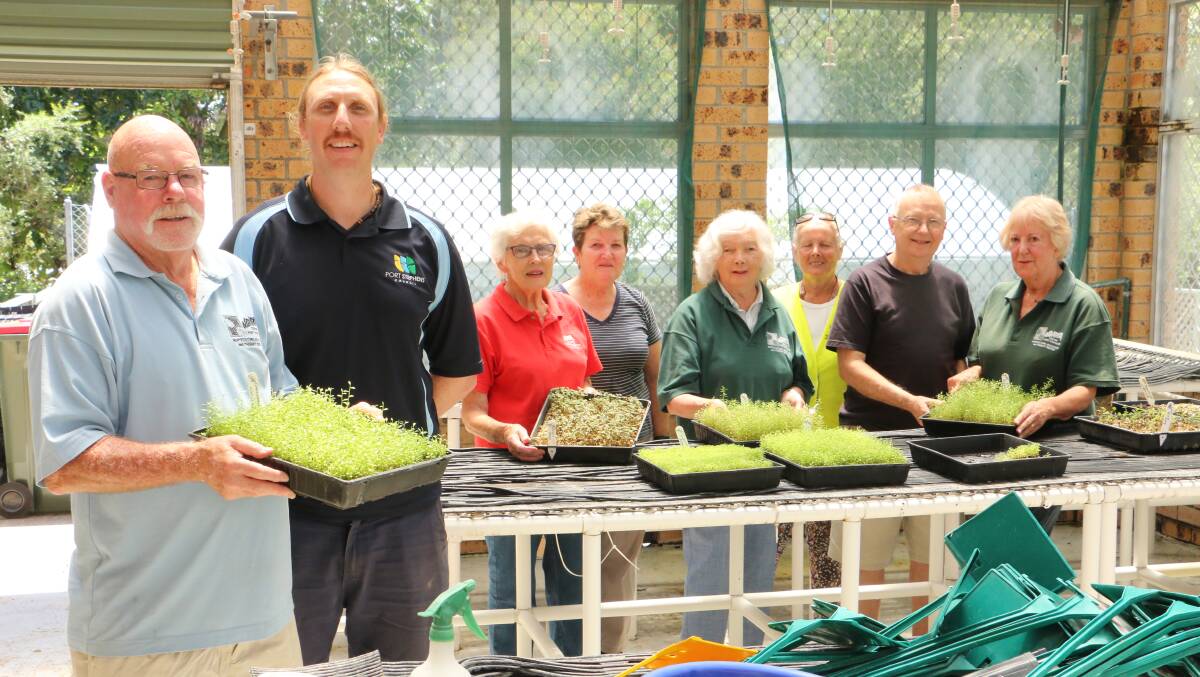 EVERGREEN: Volunteer coordinator Bob Lisle and parks supervisor David Roberts (front) with (middle - Friday Ngioka Volunteer Group) Gwen Walsh, Beverley Wells, Peter Hearsum and Jill Rogers, and (rear - Soldiers Point, Salamander Bay Mambo Landcare Group) Kathy Brown and Irene Jones. Picture: Sam Norris