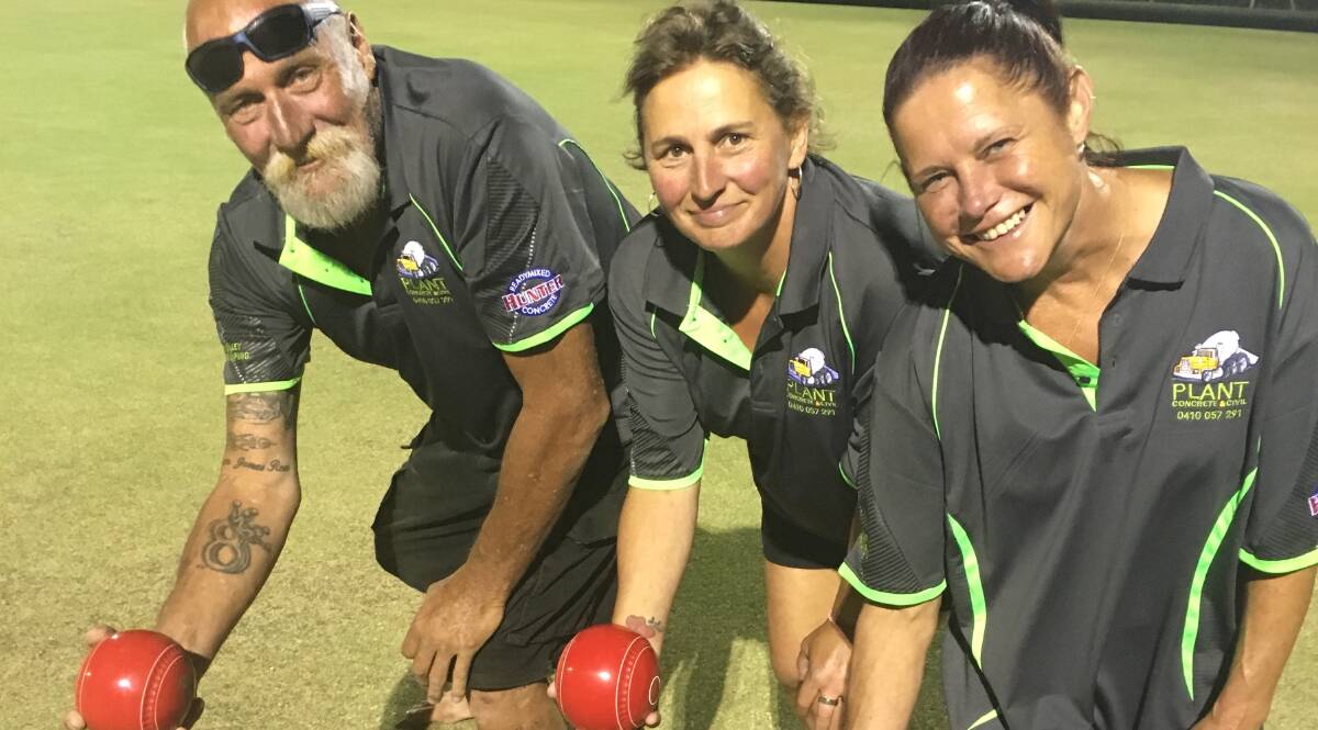 BAREFOOT WIN:  Rob ‘Rosie’ Rose, Justine Anderson and Cath Steart from Plant Concreting took out the inaugural Nelson Bay Bowling Club event. Picture: Supplied. 