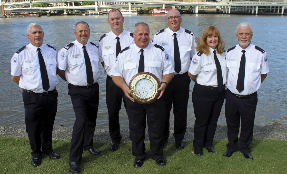 FOR BRAVERY: Laurie Nolan, second from left, received the inaugural Marine Rescue NSW Medal for Valour. He's pictured here with the Port Stephens crew during the organisations 2015 awards.