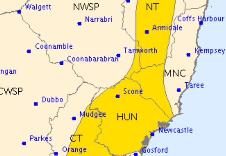 WARNING AREA: The Bureau has forecast damaging winds for across the Hunter, Central Tablelands and Northern Tablelands on Friday afternoon.