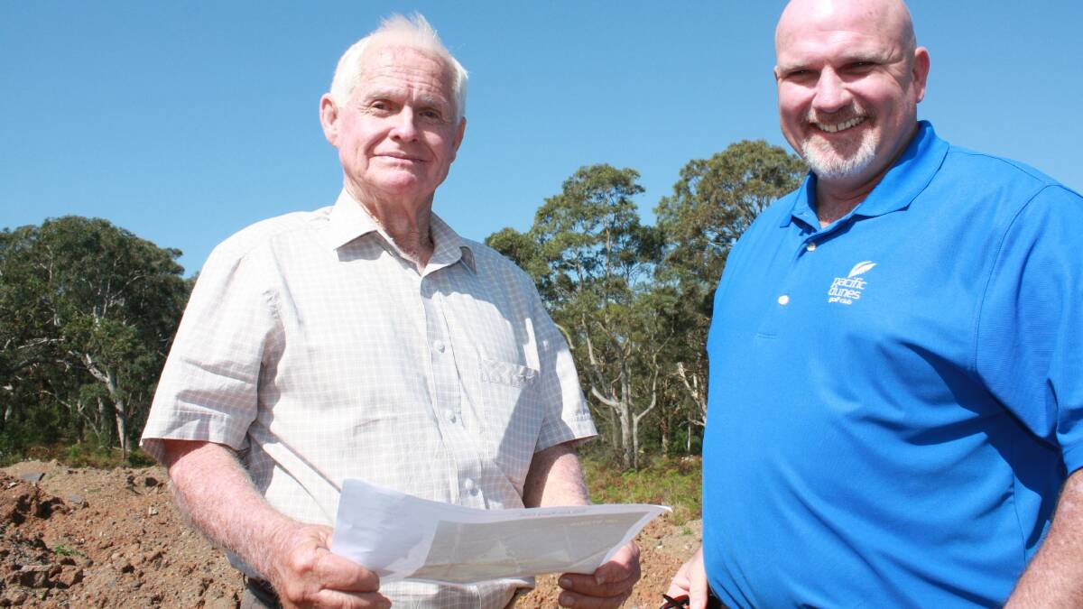 BMX SPILL: Mayor of Port Stephens, Cr Bruce MacKenzie, and Cr Chris Doohan, with plans for the Salt Ash BMX track in October. Picture: Stephen Wark