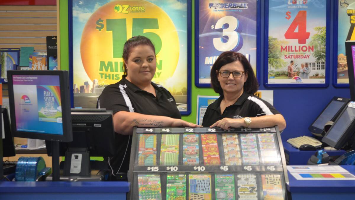 THRILLED: Terrace Plaza Newsagency owner, Nicole Smith (right), and second-in-charge Jess Travalos were rapt to have sold the scratchie worth $25,000. Picture: Sam Norris