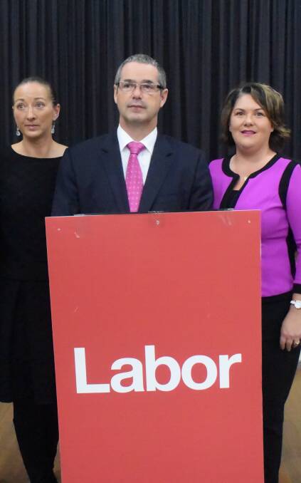 TEAM LABOR: Shadow Parliamentary Secretary for Defence Gai Brodtmann, Shadow Defence Minister Stephen Conroy and Paterson candidate Meryl Swanson.