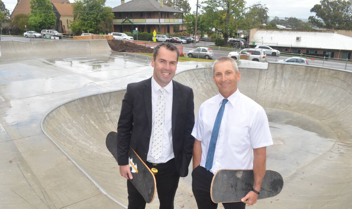 ALL IN FAVOUR: The mayor of Port Stephens Ryan Palmer and the council's general manager Wayne Wallis at the new Boomerang Park skate park. Picture: Sam Norris