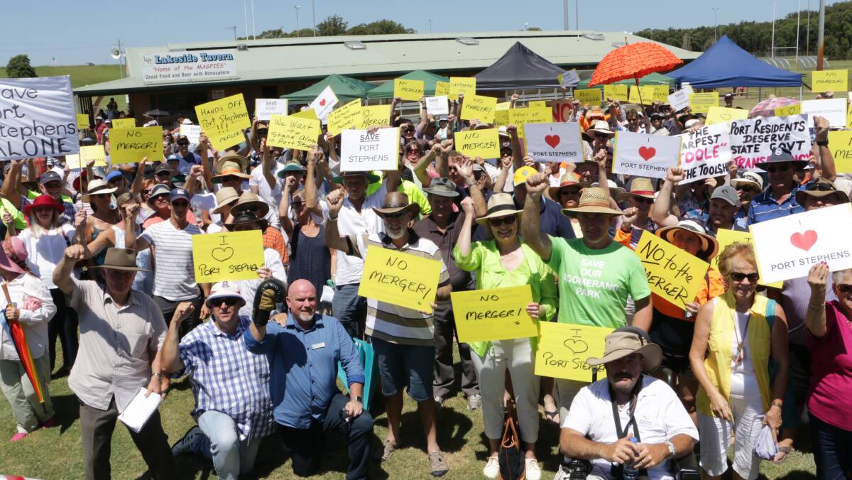 NO WAY: Port Stephens rally against a merger Raymond Terrace on February 14, 2016. A year later, to the day, the new Premier Gladys Berejiklian has called it off.