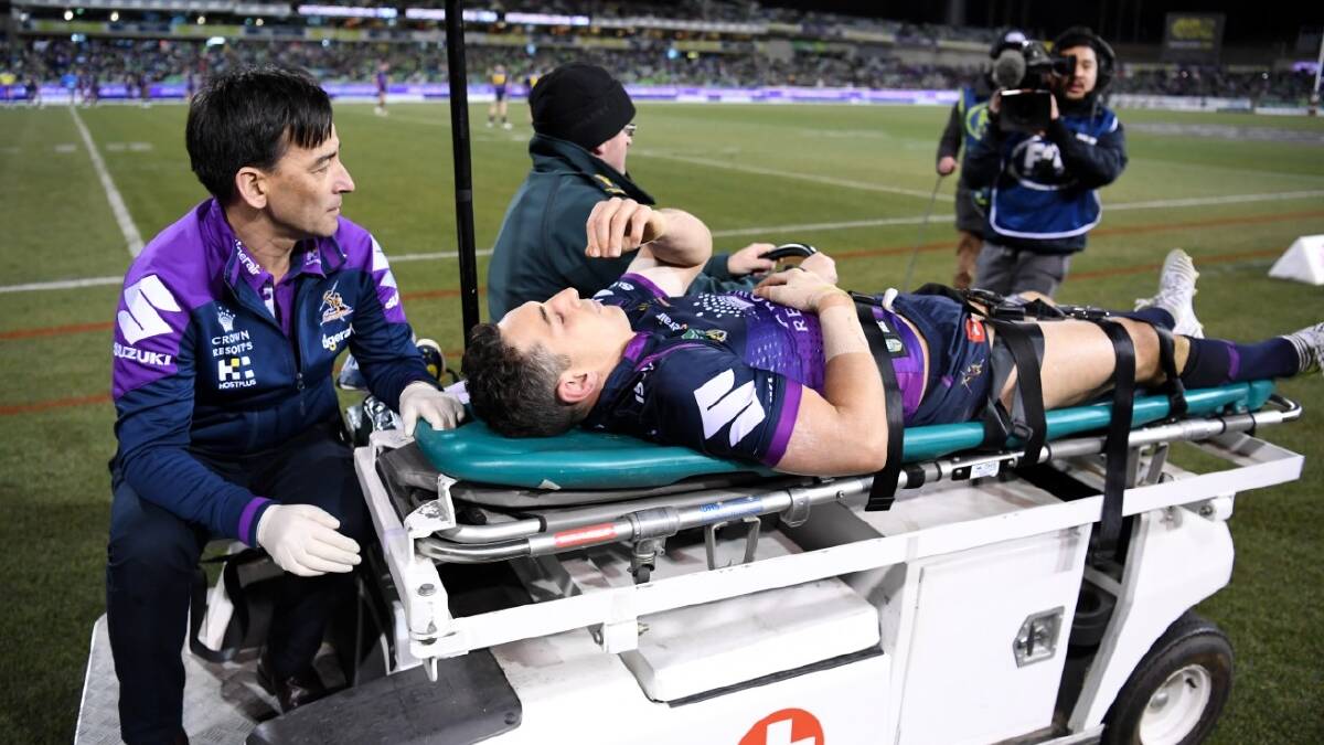 Slater was injured in the match. Picture: Grant Trouville, NRL Photos