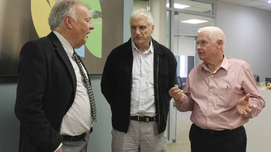 MERGE: Dungog Shire Council mayor Harold Johnston (left) with Sister Cities chairman Nigel Dique and Port Stephens Council mayor Bruce MacKenzie talking about a proposed merger between the two councils.