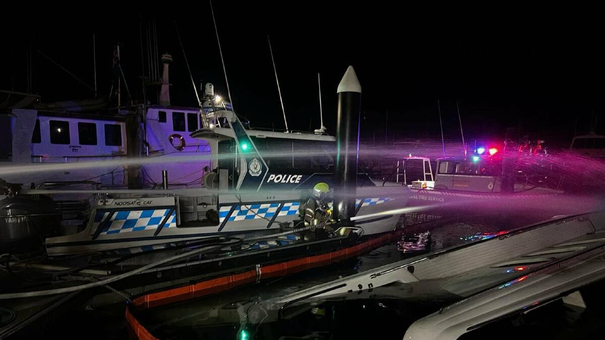 Scenes from the complex salvage operation after a luxury yacht was destroyed by fire at Nelson Bay on March 25. Picture supplied / Fire & Rescue NSW