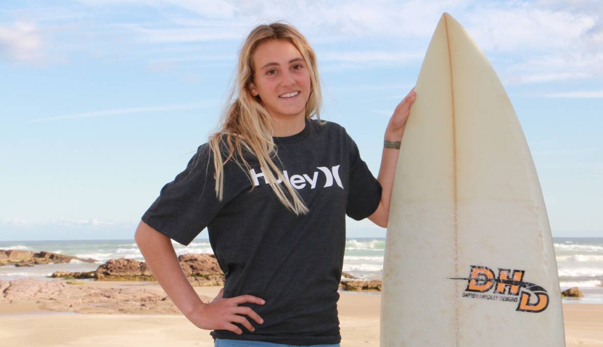 WATER BABY: Jasmine Sampson, 14, from Anna Bay, will surf in the four-day Hurley BL’s Blast Off during the September school holidays. Pictured at Birubi Beach. Picture: Ellie-Marie Watts