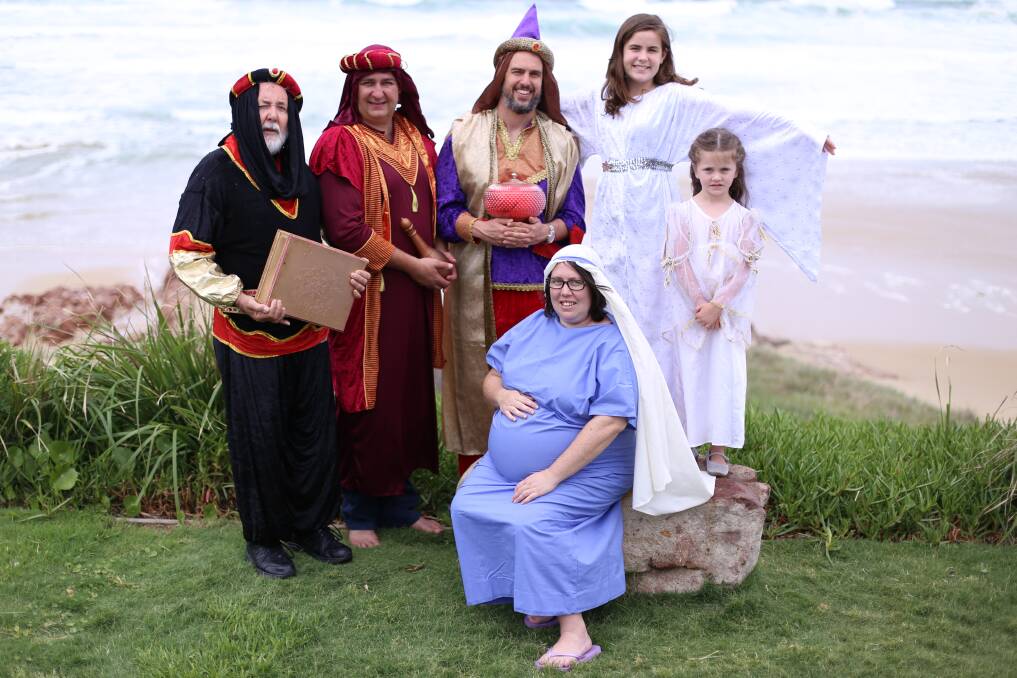 STARS OF THE SHOW: Keith Ferguson, Greg Watson, Ben Smith, Jemima Anderson, 10, Emma Tibbs, 4, and (front) Heidi Luff providing a taste of what Gateway Presbyterian Church's production will look like. Picture: Ellie-Marie Watts