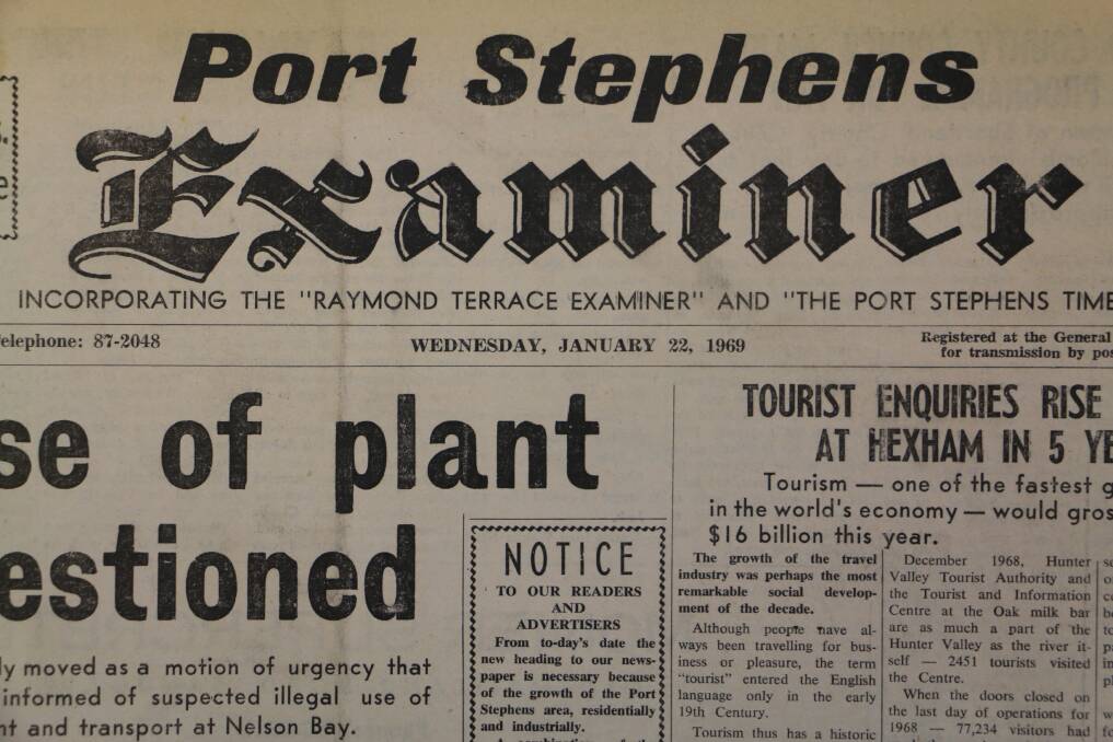 The front page of the Port Stephens Examiner published on Wednesday, January 22, 1969