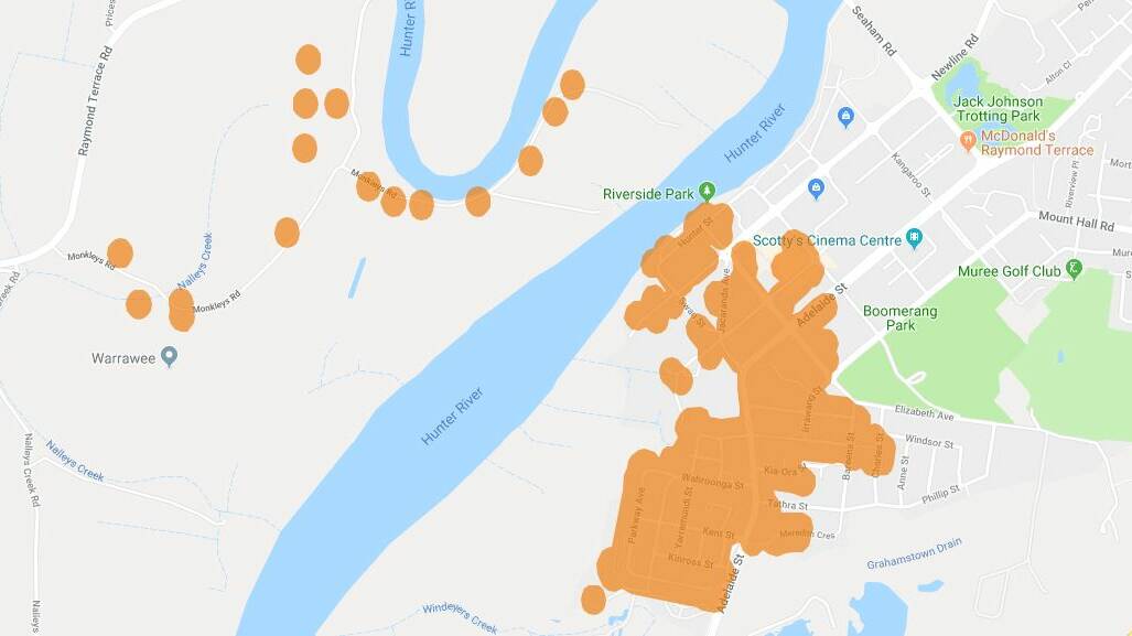 The affected locations in Raymond terrace, Heatherbrae and Millers Forest. Picture: www.ausgrid.com.au