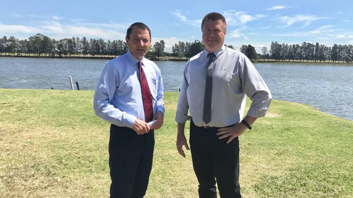 Scot MacDonald MLC at Riverside Park, Raymond Terrace with Port Stephens Council's acting general manager, Greg Kable.