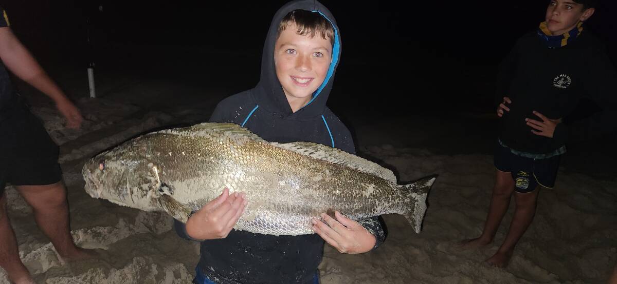 12 year old Cooper Harwood with his mighty Jimmys Beach mulloway. The 112 centimetre monster was released after a few photos.
