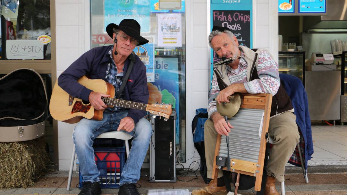 SWEET SOUNDS: Buskers PJ and Stix, from Karuah, in Nelson Bay on Saturday. Picture: Ellie-Marie Watts