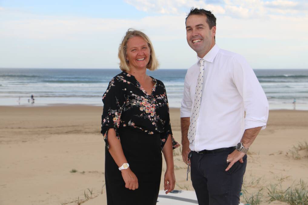 TEAM EFFORT: Deb Stretton, an organiser of the Port Stephens Toyota NSW Pro, with Port Stephens Mayor Ryan Palmer at Birubi Beach. Picture: Ellie-Marie Watts