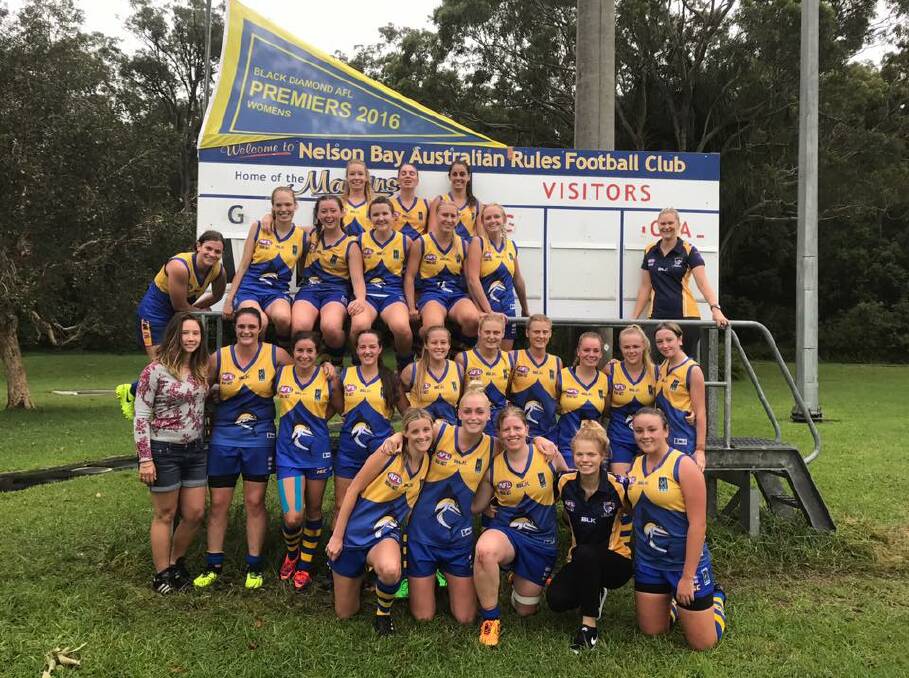 GRINNERS: The Nelson Bay Marlins women's AFL team after winning their first game of the 2017 season at home against Warners Bay. Picture: Facebook/Nelson Bay Marlins Women's AFL