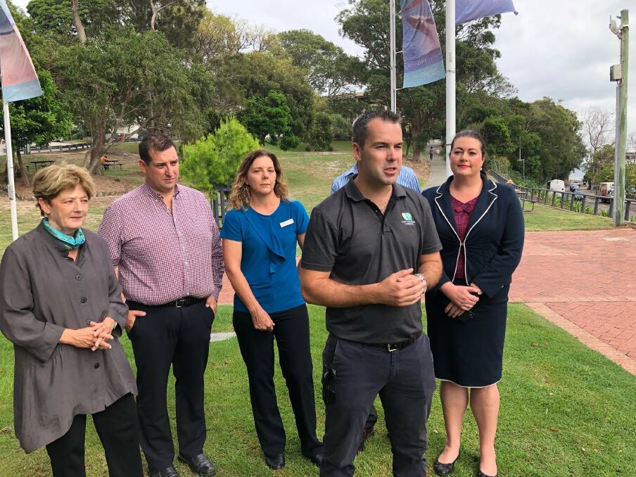 Friday's announcement: Port Stephens Mayor Ryan Palmer with (from left) Duty MLC Catherine Cusack and councillor Glenn Dunkley, Sarah Smith, John Nell and Jaimie Abbott. Picture: Sam Norris