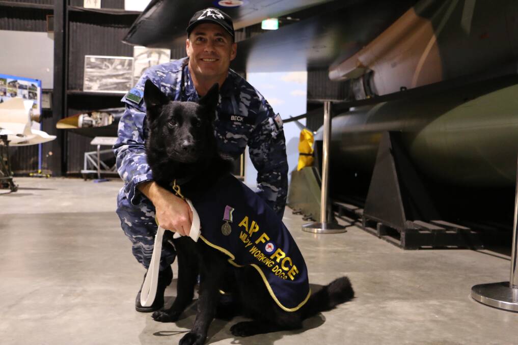 A retired military working dog, Victory, is an ambassador to the Invictus Games, which Squadron Leader Danny Jeffrey is expected to take part in. Pictures taken at Fighter World on Wednesday, June 14. Pictures: Ellie-Marie Watts