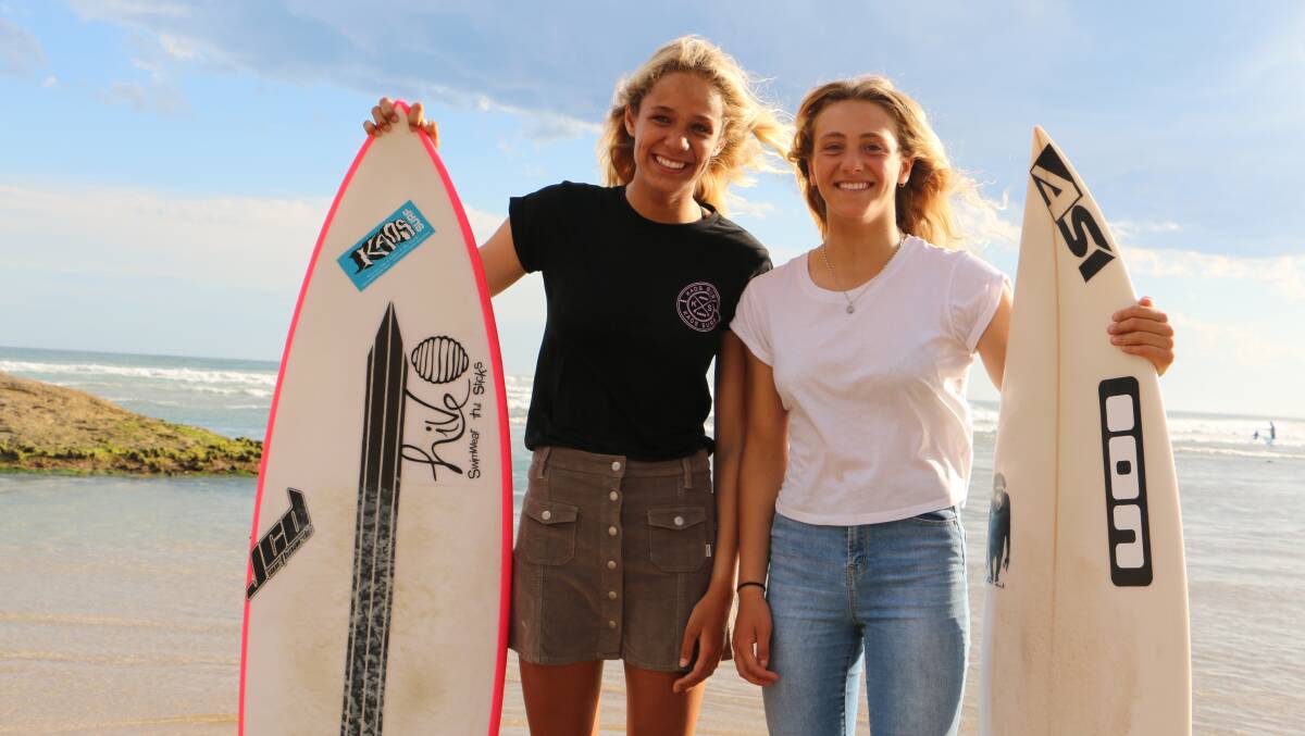 SURF'S UP: Elle Clayton-Brown from Corlette and Jasmine Sampson from Anna Bay, both 15, at Birubi Beach where the Port Stephens Toyota NSW Pro will be held. 