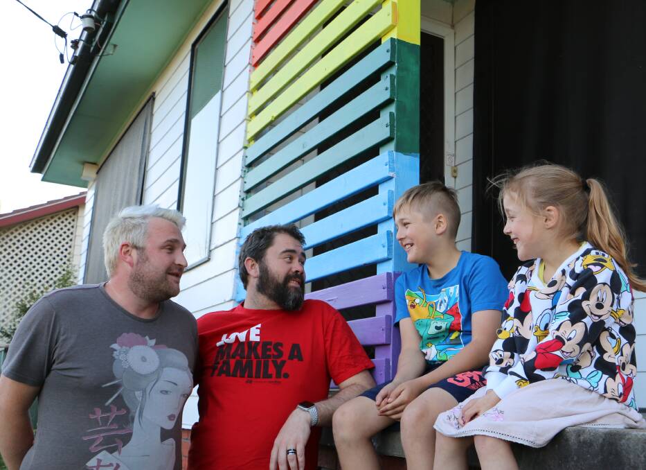 FAMILY UNIT: Scott Dunn and Chris Baguley with their children Miles Brewer-Dunn, 10, and Ivy Brewer-Dunn, 6, at their Raymond Terrace home. Picture: Ellie-Marie Watts
