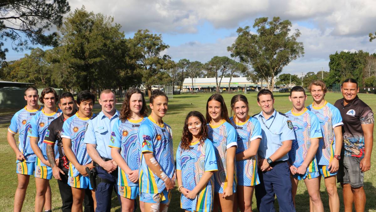 From left, Zac Jones, 15, Joel Sheals, 16, Justin Ridgeway, William Watters, 16, Senior Constable Matt Lynch (Port Stephens LAC) Caine O'Neill, 15, Kane Chester, 16, Brodie Pritchell, 15, Bree Chester, 15, Reanna Betwell, 16, Senior Constable Mick Fortier (Port Stephens LAC) Lockie O'Neill, 15, and Tom Reynolds, 16, and Brooke Roach. Picture: Ellie-Marie Watts