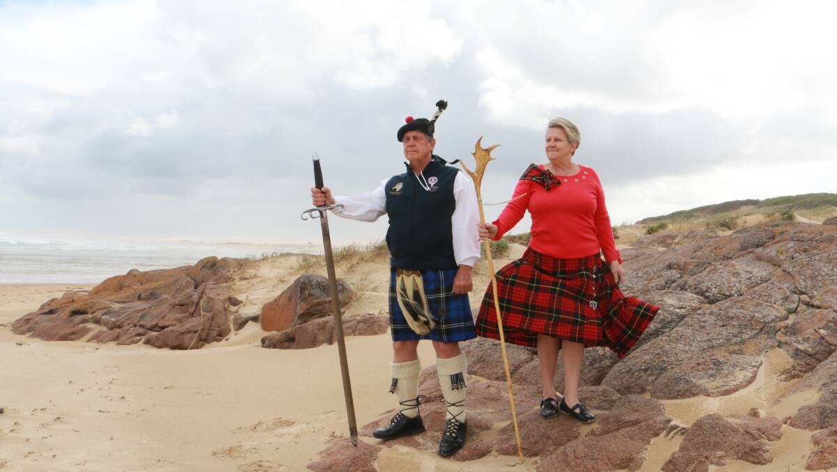 Port Stephens Celtic Association president Ron Swan with his sister and "backbone" of the annual Clans of the Coast Celtic Festival, Diane Soper, at Birubi Beach. Picture: Ellie-Marie Watts