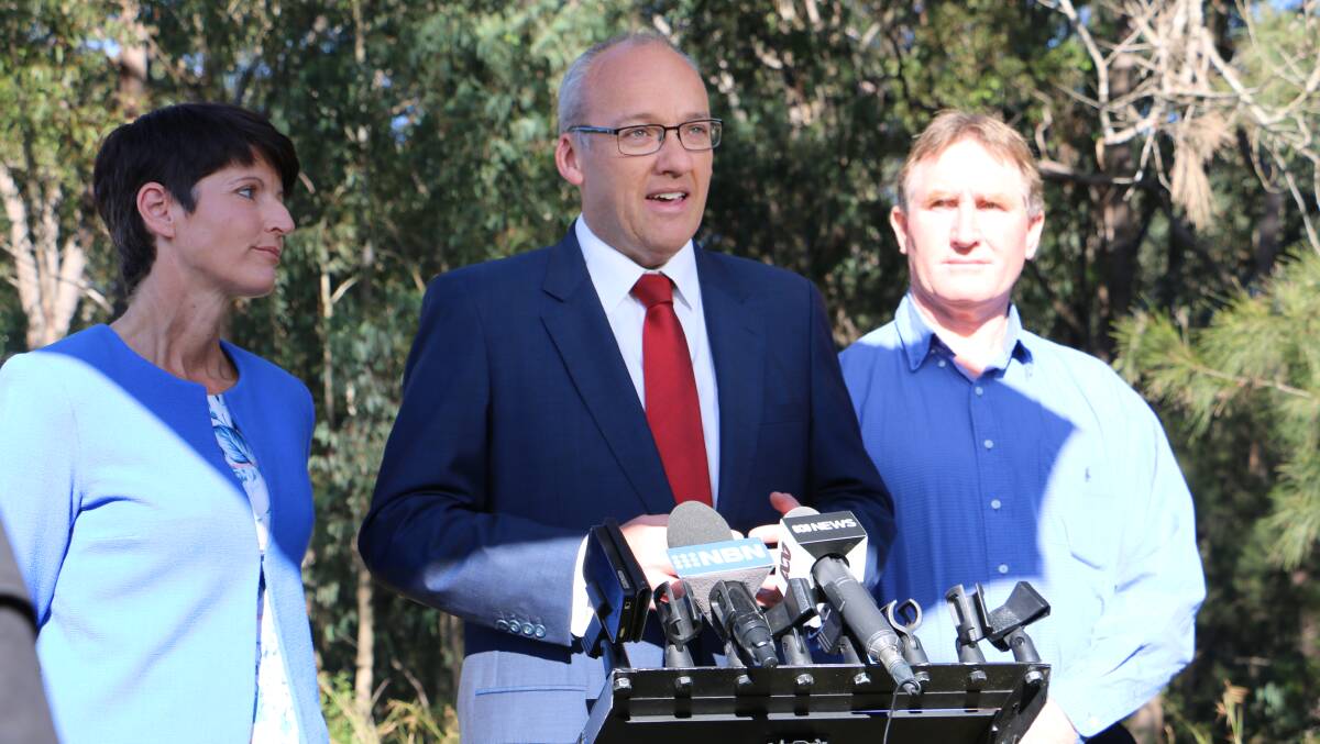 Port Stephens MP Kate Washington, NSW Opposition leader Luke Foley and Labor's mayoral candidate Des Maslen. Mr Foley visited the proposed Meodwie high school site on July 18 and said Labor would build a school if the party is elected to government in 2019. 