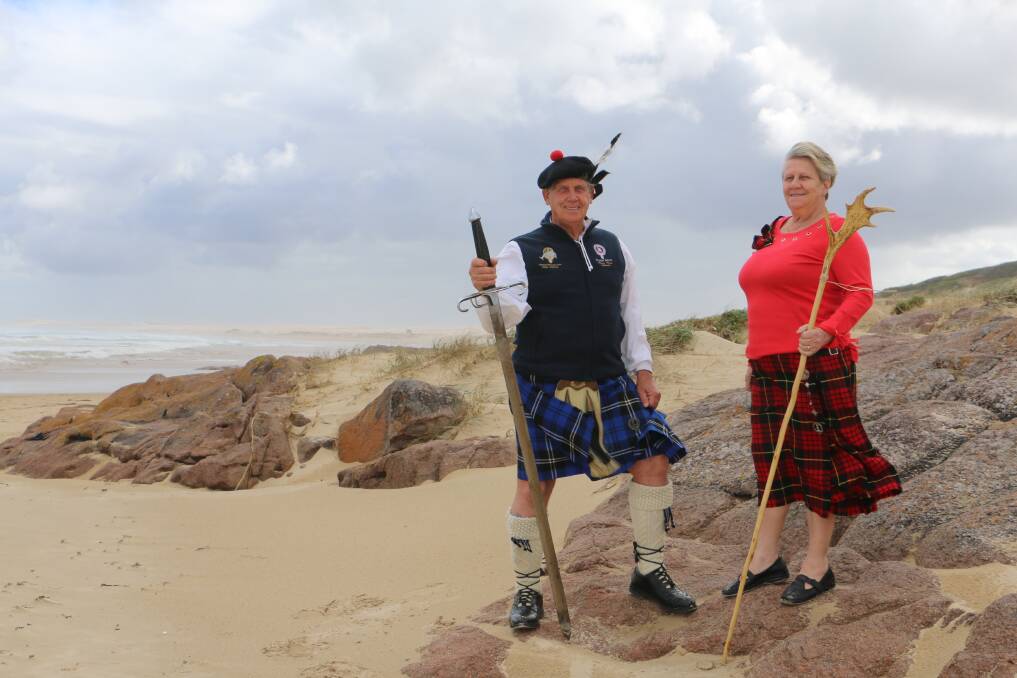 PROUD: Port Stephens Celtic Association president Ron Swan with his sister and "backbone" of the annual Clans of the Coast Celtic Festival, Diane Soper, at Birubi Beach. Picture: Ellie-Marie Watts