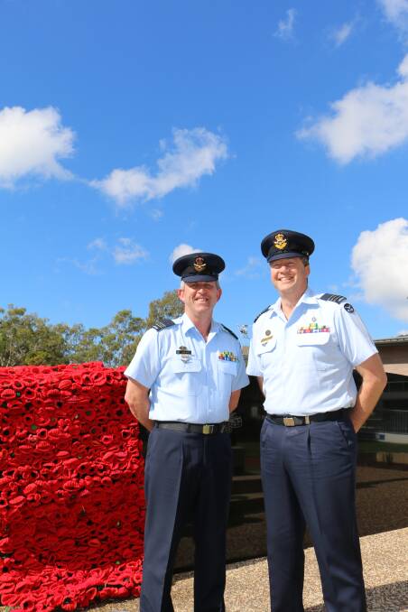EXPERIENCED: Squadron Leader Dean Bruce and Win Commander Paul Muscat, pictured at the Nelson Bay war memorial, have been on seven and four deployments to the Middle East respectively. Picture: Ellie-Marie Watts