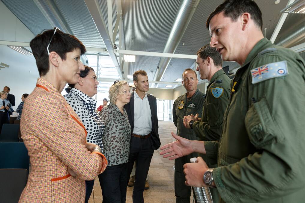 Port Stephens MP Kate Washington and Paterson MP Meryl Swanson with Sharon Claydon and Tim Crakanthorp and Commander Air Combat Group Williamtown Zed Roberton at RAAF Base Amberley, QLD in 2017. Picture: Max Mason-Hubers 