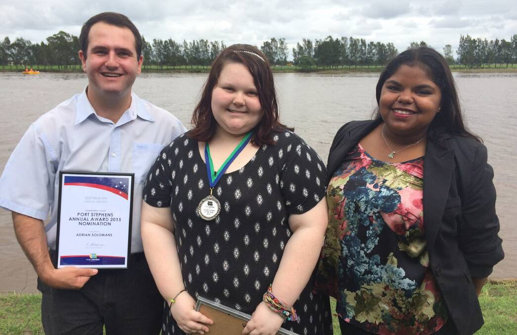 RECOGNITION: Adrian Solomons with 2016 Young Citizen of the Year Tabatha Tyne and Raja Hick at the Raymond Terrace Australia Day event in January 2016.