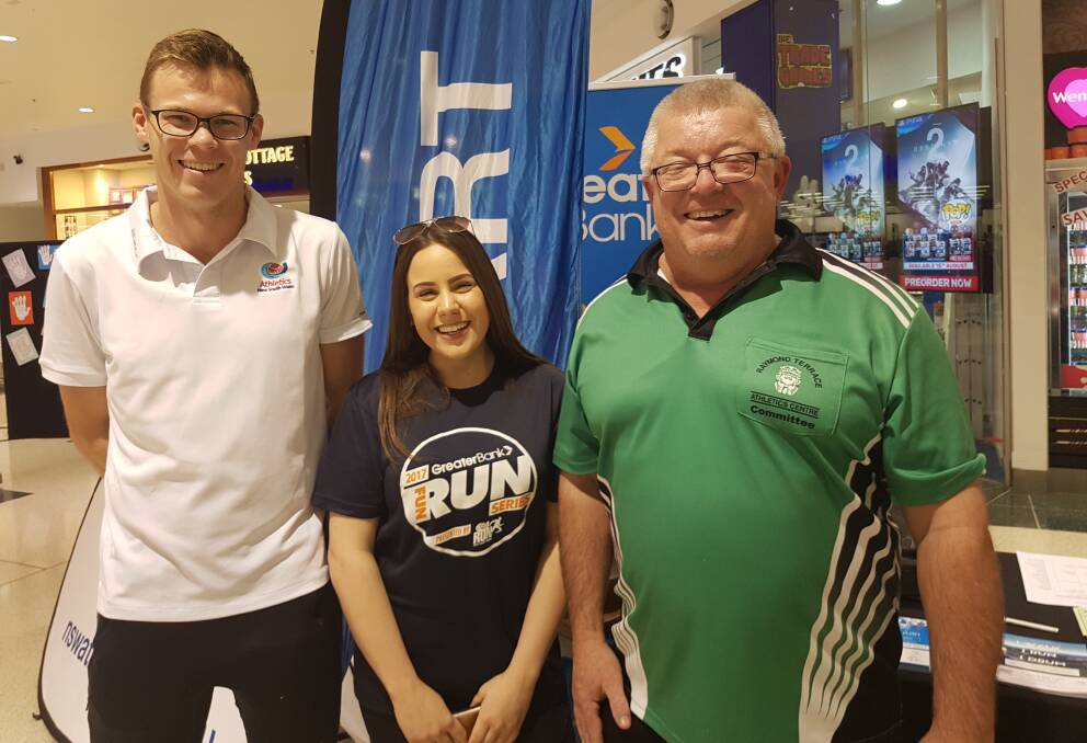 James Constantine, Laura Carroll from Run NSW and David Summerville from Raymond Terrace Athletics Centre at the launch of the Greater Bank Raymond Terrace Fun Run on August 10.