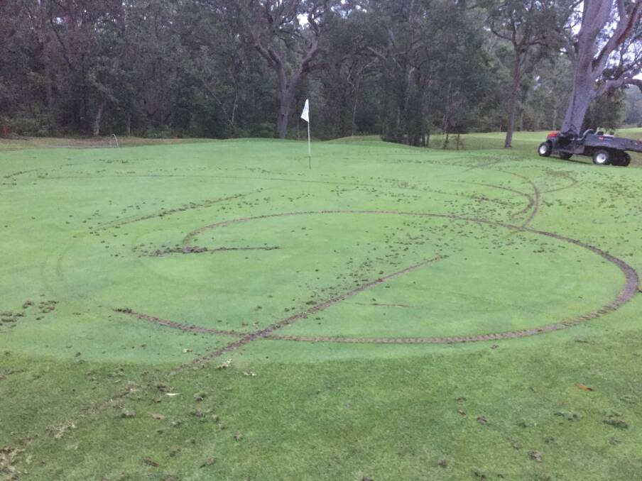 Two motorbike riders have torn up the 15th green at Nelson Bay Golf Club.