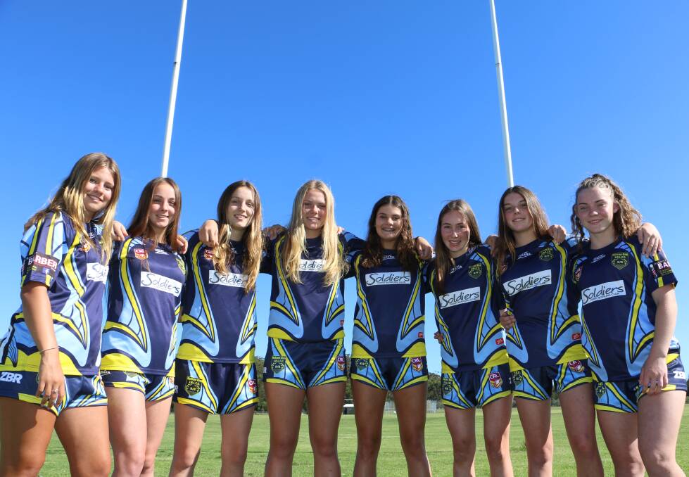 COMMITTED: Nelson Bay's under-16 tackle team (from left) Emily Harman, 16, Grace McKeown, 16, India Simpson, 15, Jacy Carter, 13, Emily Paton, 16, Kiara Dixon, 16, Emily Freeman, 15 and Tylah Harrison, 15.  Picture: Ellie-Marie Watts