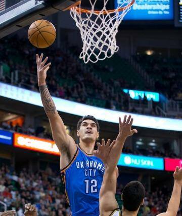 Double delight: Steven Adams notched up a double-double on Christmas Day in the States as the Thunder charged to victory over the Spurs. Photo: USA Today Sports