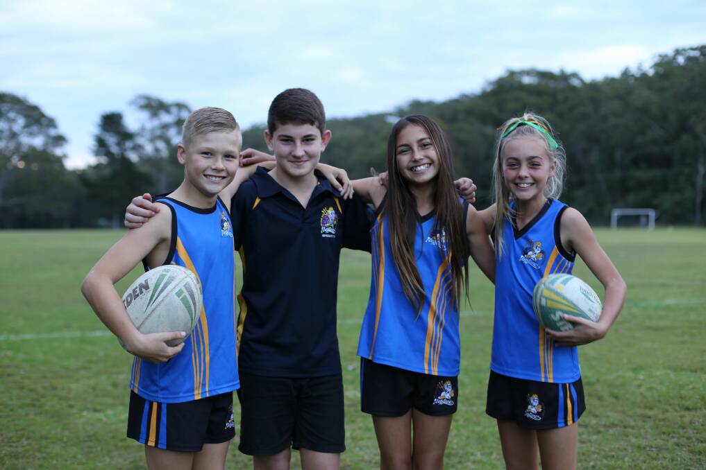 REPS: Nelson Bay Touch Football players Bayley Rae, 11, Harry Fraser, 11, Andi Law, 11, and Maddi Mitchell, 12, have made the Hunter region touch football team. Picture: Ellie-Marie Watts